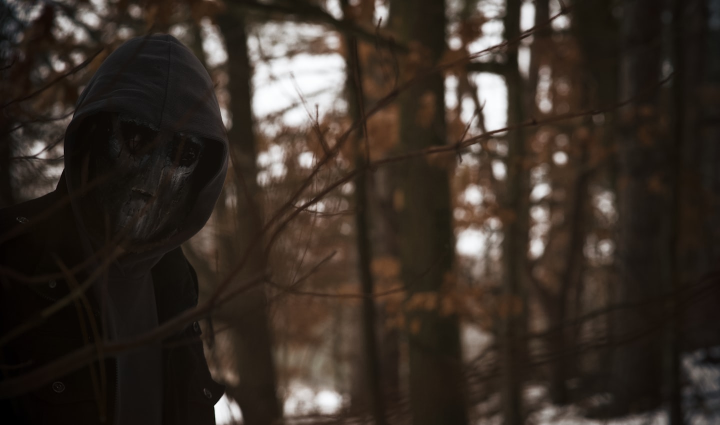 A masked person in a dark hood peering through tree branches.