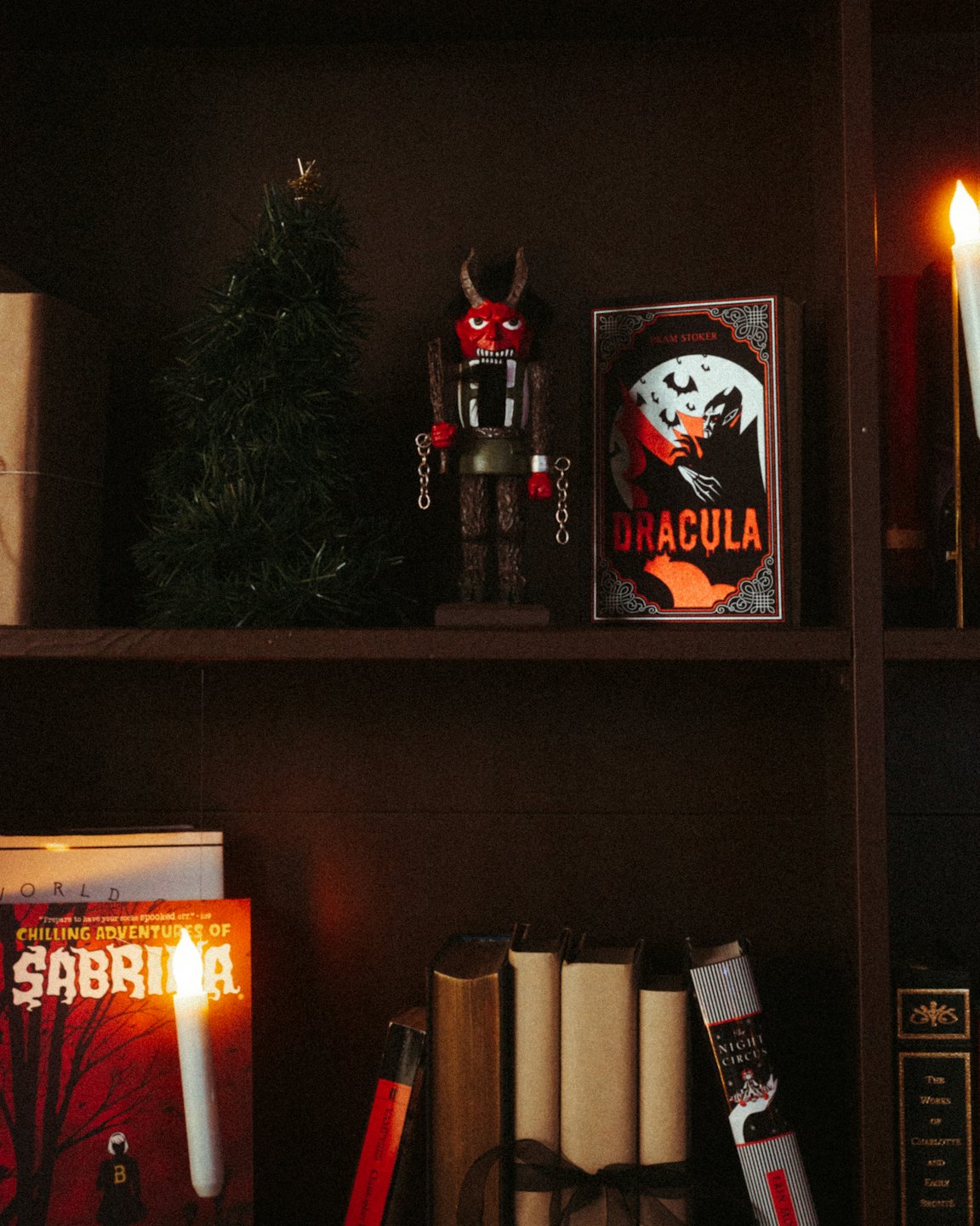 Dark brown bookshelf with Christmas and Halloween decorations.